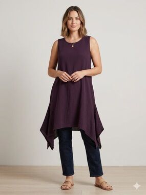 Kaliyana Sz S/M Burgundy Sleeveless Asymmetric Linen Blend Tunic Dress